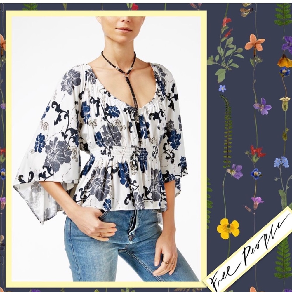 BOGO Free People Glenside Printed Top in Ivory/Navy